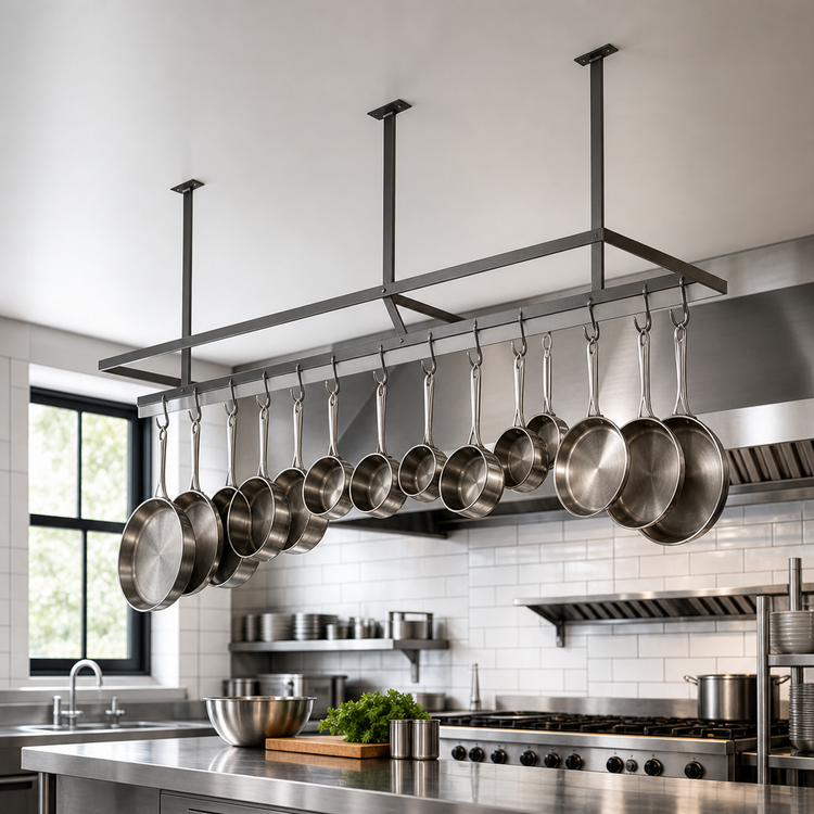 Product image #3 for John Boos Commercial Ceiling-Mounted Double-Bar Stainless Steel Pot Rack with 18 Double Hooks