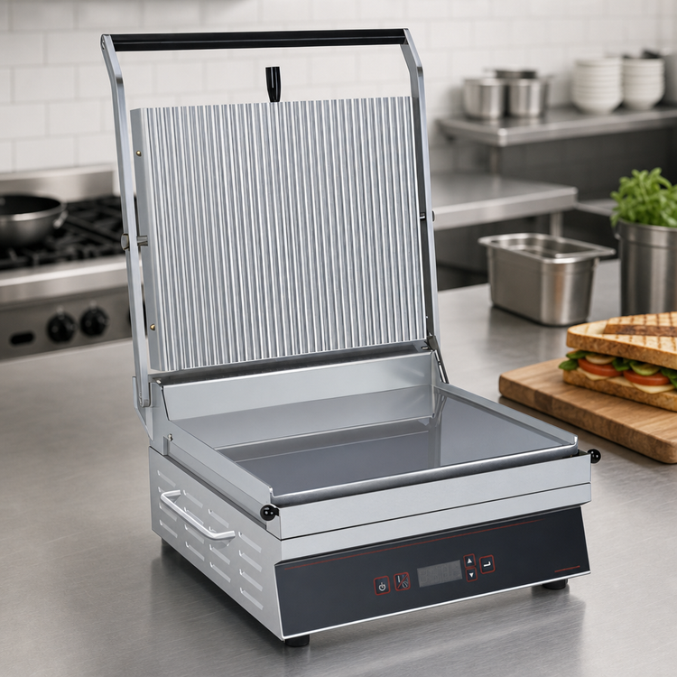 Product image #3 for Hatco Single Countertop Panini Grill with Grooved Top and Smooth Bottom Plates, Digital Controls, 500°F Max