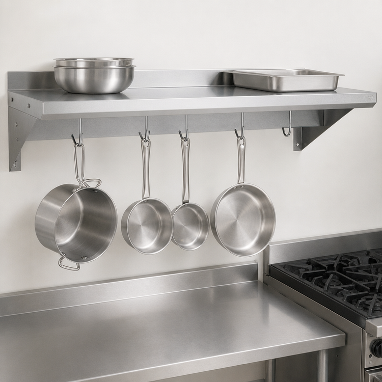 Product image #3 for BK Resources Economy Wall-Mount Stainless Steel Pot Rack Shelf, 84 Inch x 16 Inch