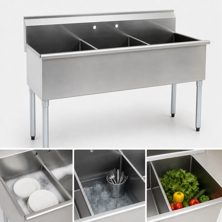 Product image #3 for Eagle Group 37-3/8 x 22 Inch Three-Compartment Utility Sink, 16-Gauge 304 Stainless Steel, No Drainboards
