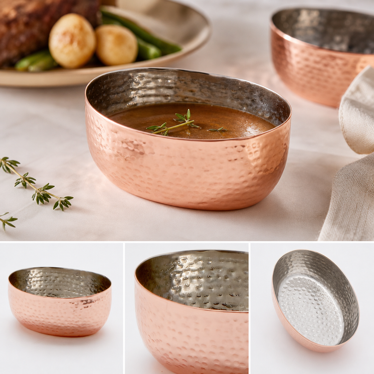 Product image #3 for American Metalcraft 4 oz. Oval Hammered Copper Sauce Cup with Stainless Steel Interior