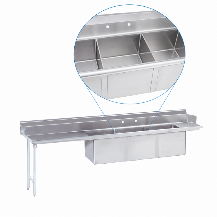 Product image #3 for Three-Compartment Stainless Steel Sink Table with Left Drainboard, 95-Inch W