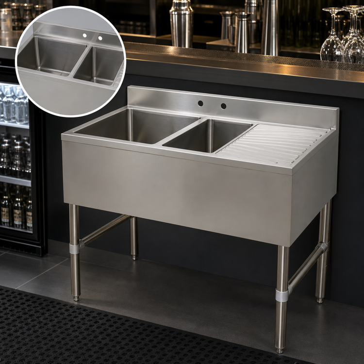 Product image #3 for Two-Compartment Underbar Bar Sink with Right Drainboard