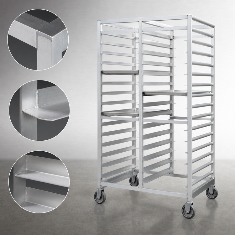 Product image #3 for Channel Manufacturing Double-Section Aluminum Cafeteria Tray Rack for 18 x 26 Trays, 64-Inch High, 20-Tray Capacity, with 5-Inch Swivel Plate Casters