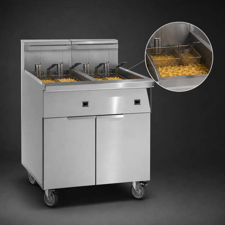 Product image #3 for Imperial Electric 2-Tank Floor Fryer with 75 lb. Capacity Per Tank, Tilt-Up Elements, Computer Controls and Built-In Filter System