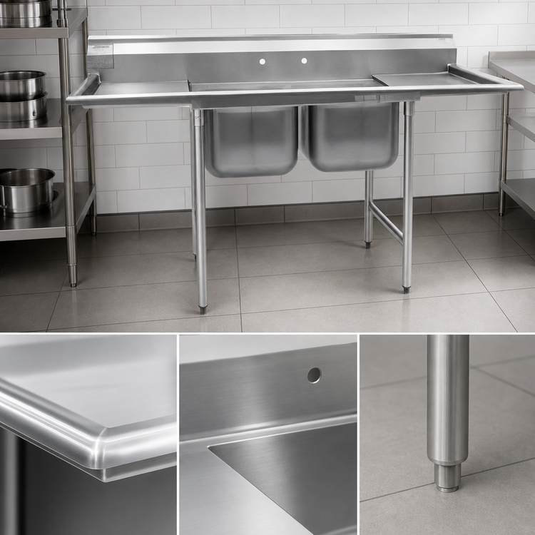 Product image #3 for Eagle Group 314 Series Commercial 2-Compartment Stainless Steel Drainboard Sink, 100-Inch Floor Model