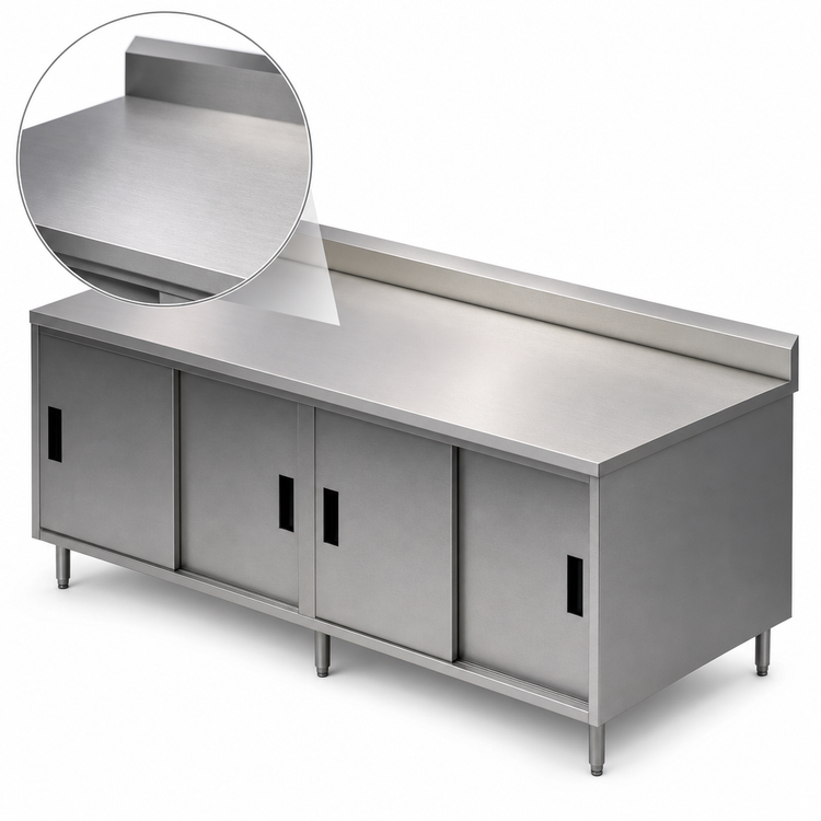 Product image #3 for BK Resources Stainless Steel Chef Table with Sliding Doors, Cabinet Base, 96 x 30 Inches, 5-Inch Backsplash