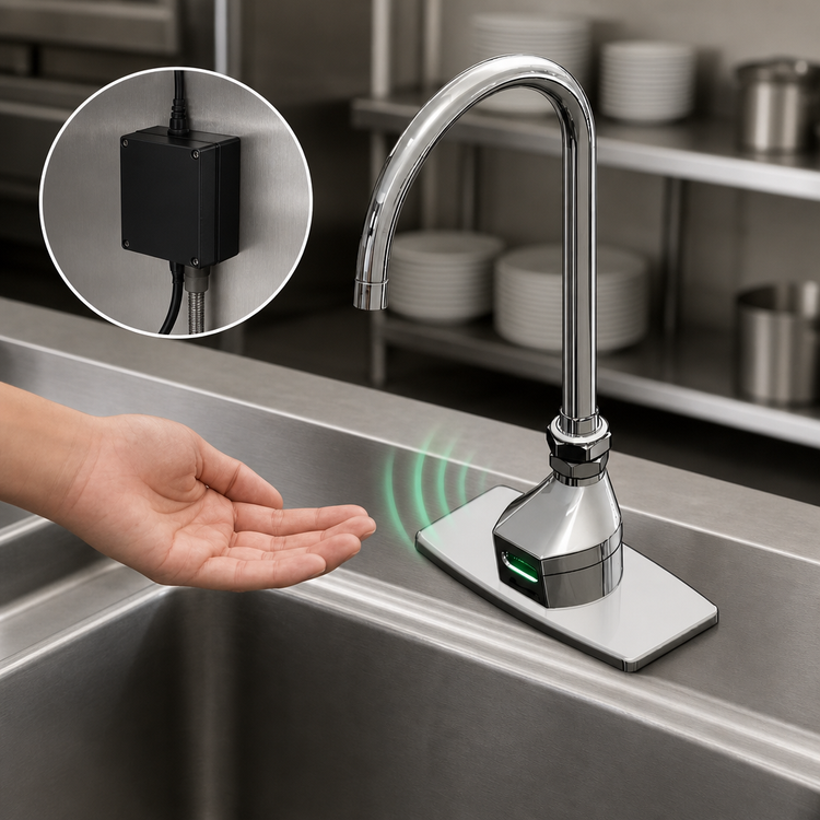 Product image #3 for ChekPoint Touchless Electronic Deck-Mount Faucet with 5-11/16-Inch Gooseneck and Thermostatic Mixing Valve