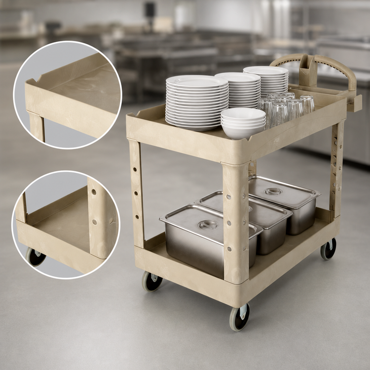 Product image #3 for Rubbermaid Commercial Products Heavy-Duty Polypropylene Utility Bus Cart with 2 Lipped Shelves, 500 lb Capacity
