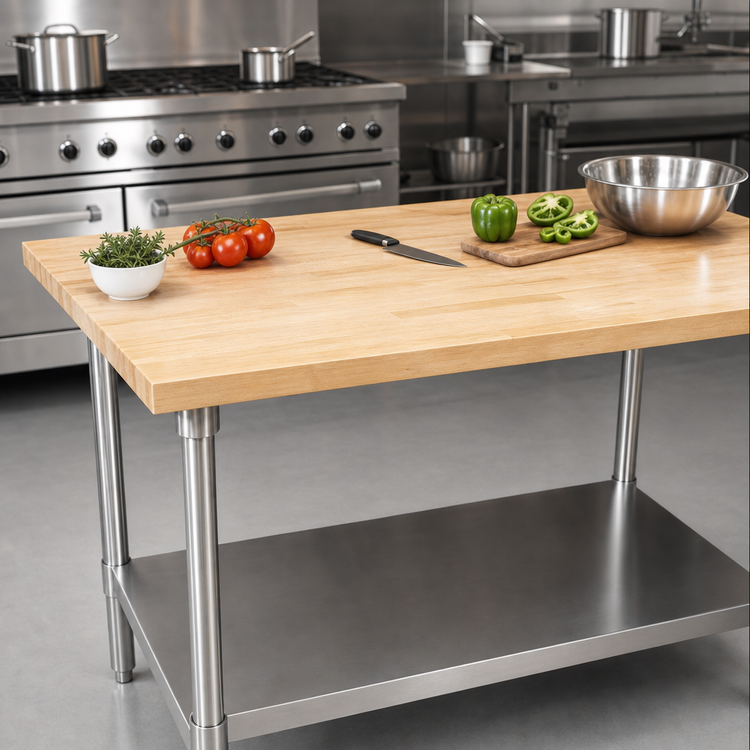 Product image #3 for BK Resources 48"W x 36"D Hard Maple Flat Top Work Table with Galvanized Legs and Adjustable Undershelf