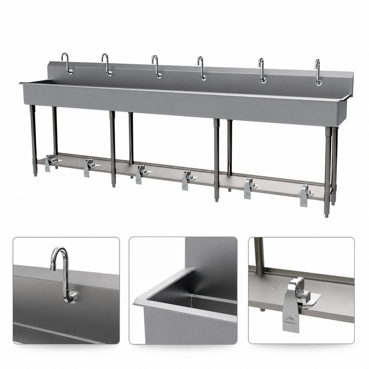 Product image #3 for Advance Tabco 6-Station Freestanding Multiwash Hand Sink with Toe-Push Valves and Gooseneck Spouts