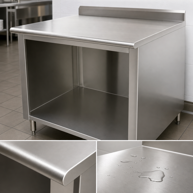 Product image #3 for Advance Tabco 96-Inch x 24-Inch 14-Gauge 304 Stainless Steel Open Front Cabinet Base Work Table with 5-Inch Backsplash