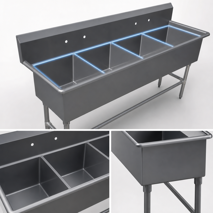 Product image #3 for John Boos Pro-Bowl 4-Compartment Floor Model Sink, 16-Gauge Stainless Steel, 14-Inch Deep Bowls