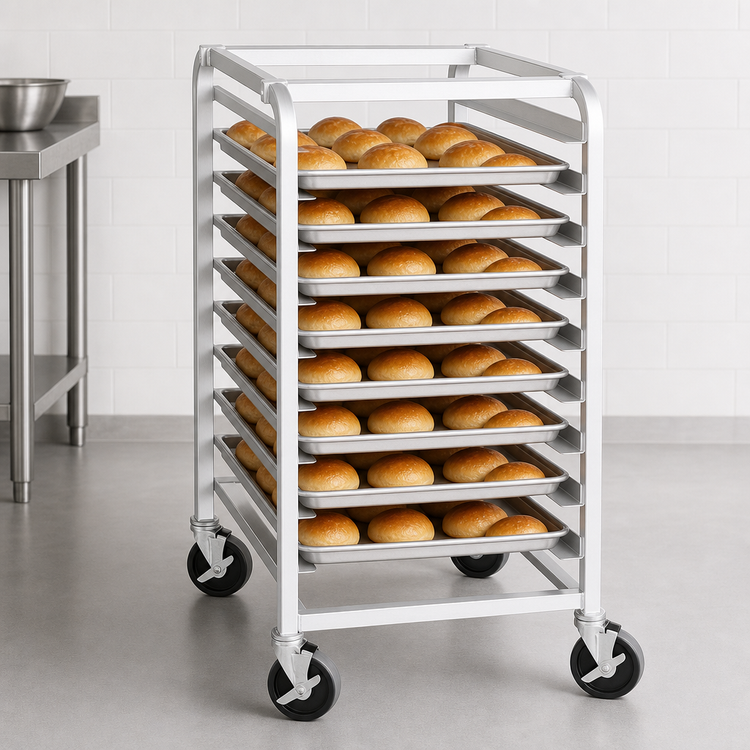 Product image #3 for Crestware 10-Tier Aluminum End-Loading Bun Pan Rack with Locking Casters, 26 x 20 x 38 Inches