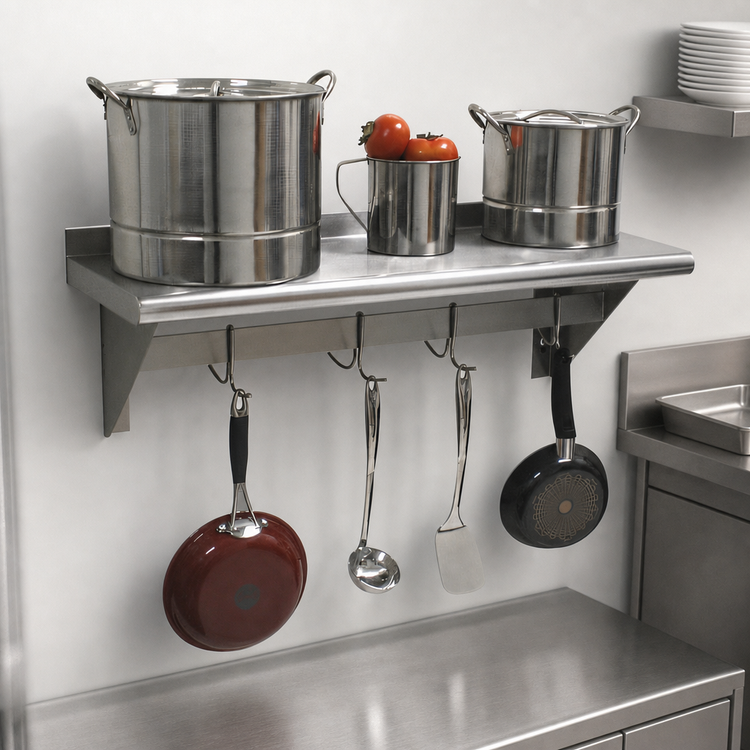 Product image #3 for Advance Tabco Wall-Mounted Stainless Steel Shelf with Pot Rack, 108 x 18 Inches