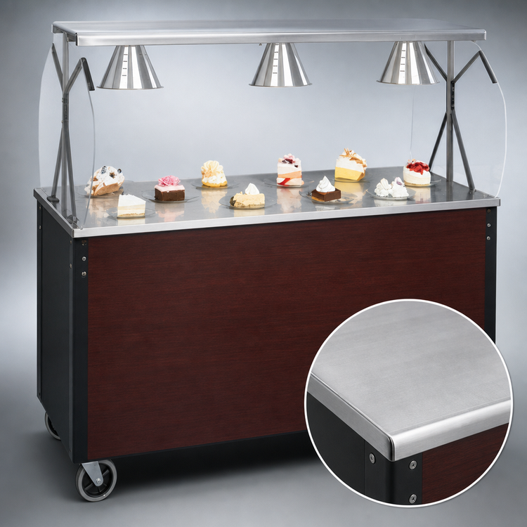 Product image #3 for Vollrath 2-Series Affordable Portable 46-Inch Mobile Utility Station with Buffet Breath Guard, Seamless Stainless Steel Top, and Cherry Woodgrain Base