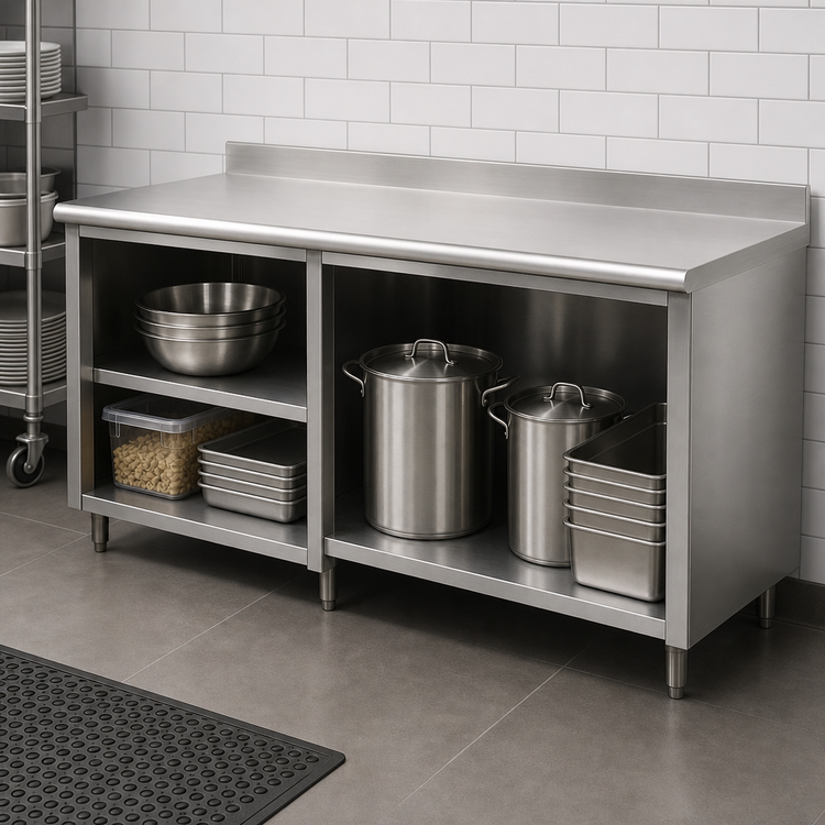 Product image #3 for Special Value Economy Stainless Steel Work Table with Open Front Cabinet Base and 5-Inch Backsplash, 120 Inches x 30 Inches