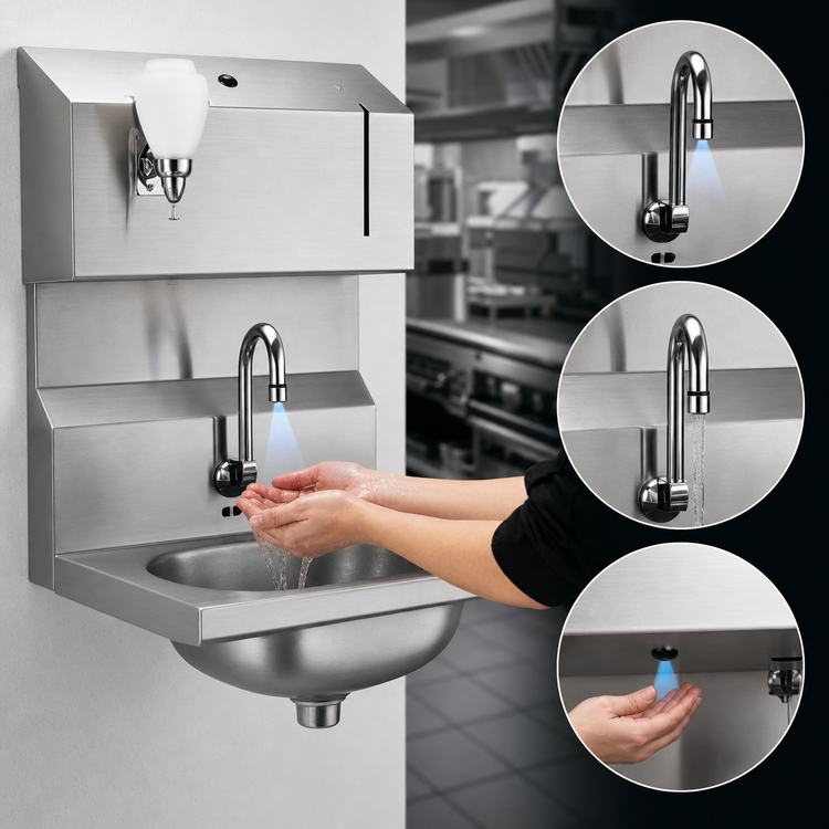 Product image #3 for Wall-Mounted 304 Stainless Steel Hand Wash Sink with Battery-Powered Electronic Eye Gooseneck Spout, Soap & Towel Dispensers