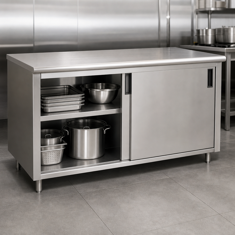 Product image #3 for Advance Tabco 84 Inch x 30 Inch Enclosed Work Table with Cabinet Base, Sliding Doors and 14-Gauge 304 Stainless Steel Top