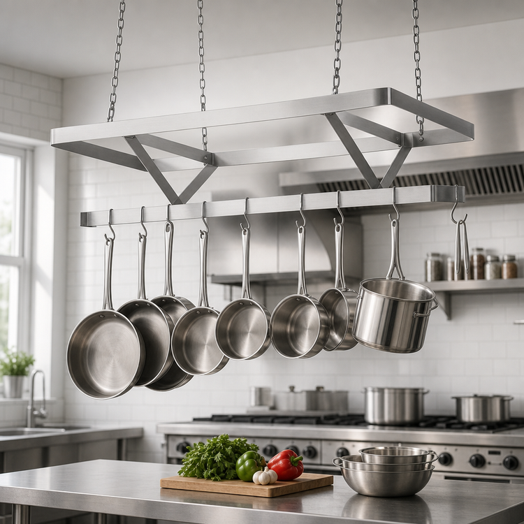Product image #3 for Klinger's Trading Ceiling-Mounted Triple-Bar 304 Stainless Steel Pot Rack, 36 x 22 Inches