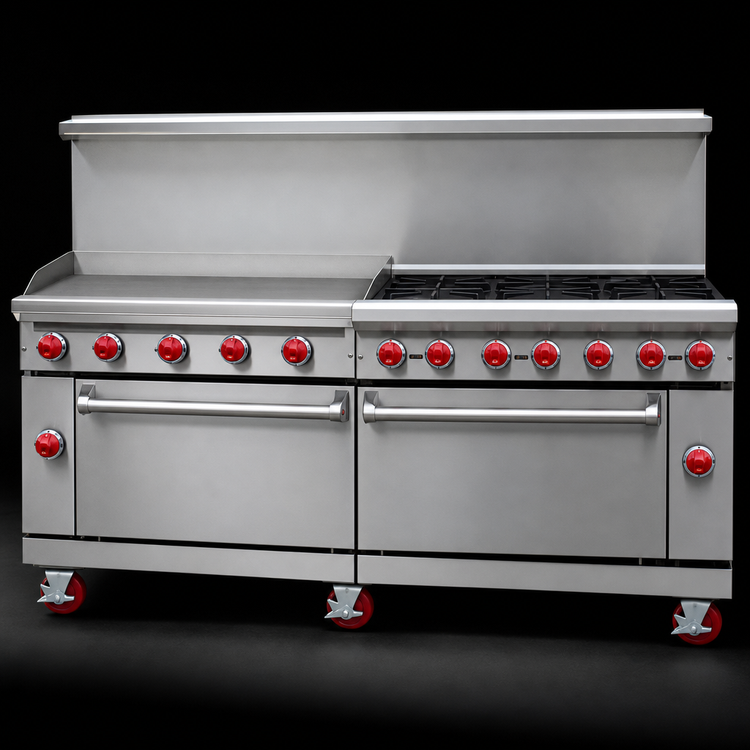 Product image #3 for American Range 72-Inch Commercial Gas Restaurant Range with 48-Inch Griddle, 4 Open Burners, Convection Oven, and Storage Base