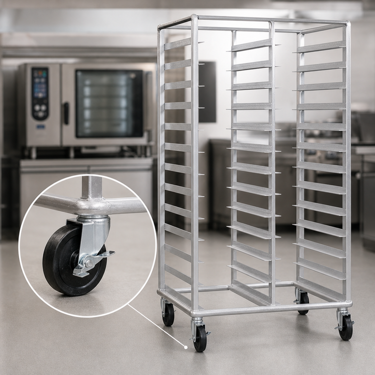 Product image #3 for Dinex Mobile Double-Bank Full-Height Open-Side Aluminum Utility Rack for 18 x 26 Pans