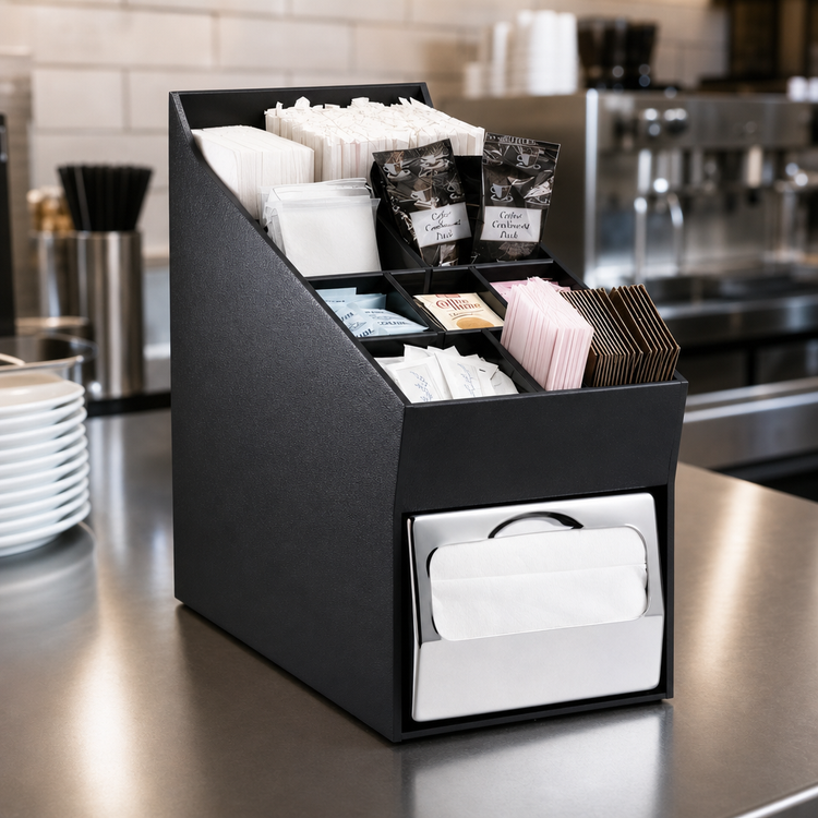 Product image #3 for Black Polystyrene Countertop Condiment, Straw & Napkin Organizer with Full-Fold Napkin Dispenser