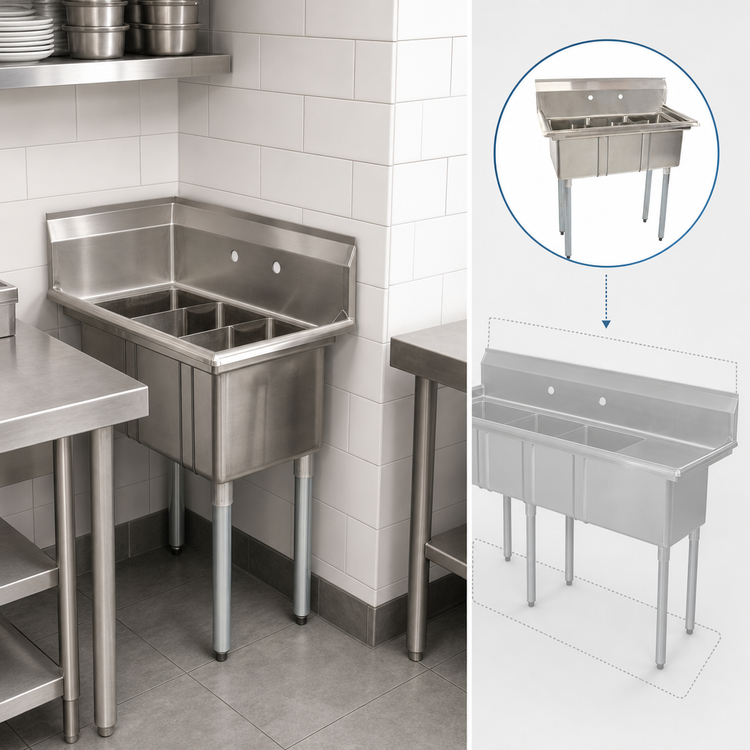 Product image #3 for Omcan Space Saver 3-Compartment Sink with No Drainboard, Corner Drain, 304 Stainless Steel