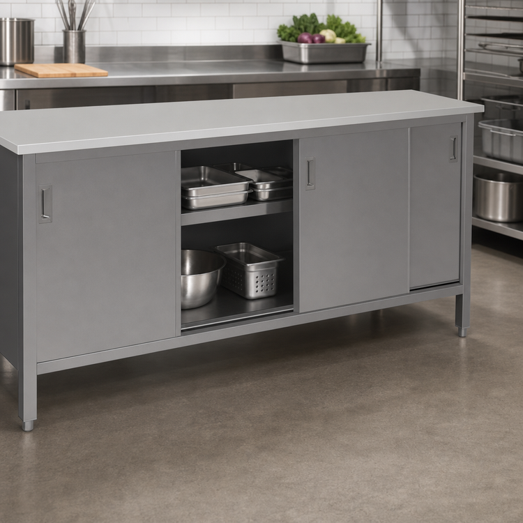 Product image #3 for John Boos Stainless Steel Enclosed Work Table with Cabinet Base, Sliding Doors, and Undershelf, 84 x 30 Inches