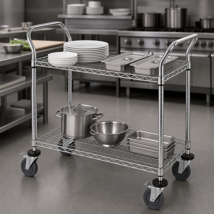 Product image #3 for Chrome Wire Utility Bus Cart with 2 Shelves, 42 x 18 x 37.5 Inches, 1200 lb. Capacity