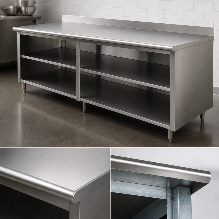 Product image #3 for Advance Tabco Special Value Economy 96-Inch x 24-Inch Stainless Steel Open Front Cabinet Work Table with 5-Inch Backsplash and Mid-Shelf