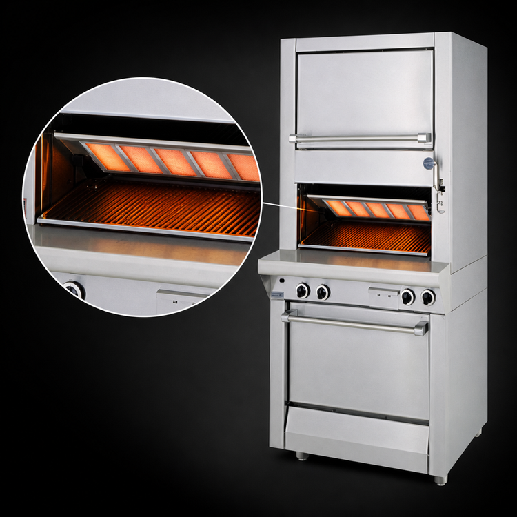 Product image #3 for Garland Master Series Heavy-Duty Gas Upright Broiler with Single Infrared Deck, Upper Warming Oven, and Standard Oven Base
