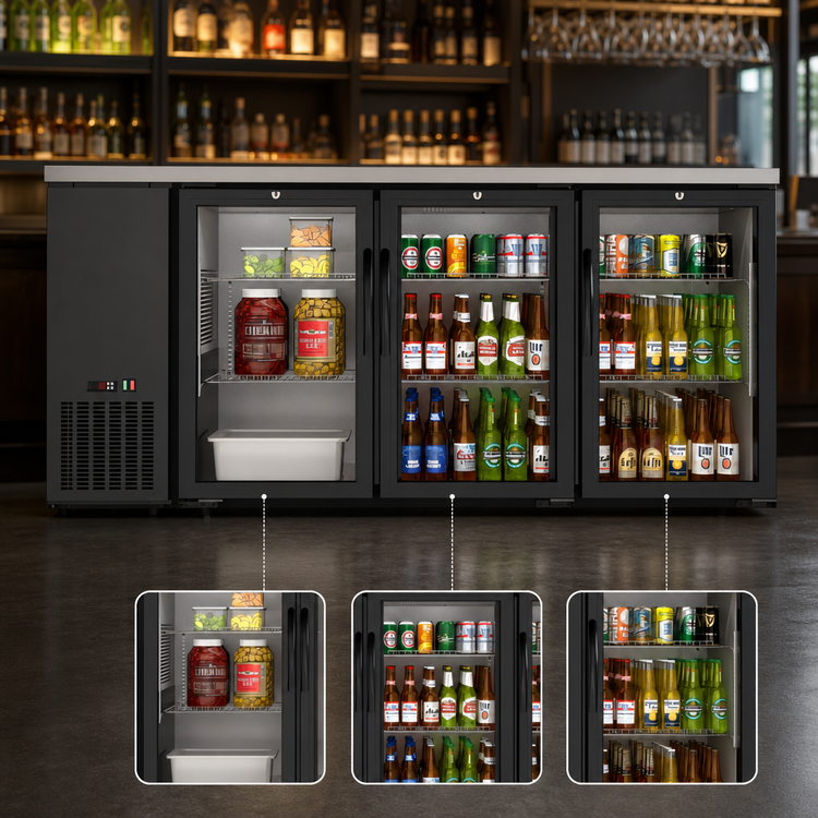 Product image #4 for Koolmore 72.8-Inch Three-Section Back Bar Refrigerator with 3 Glass Swing Doors, 18.3 Cu. Ft., Black Finish
