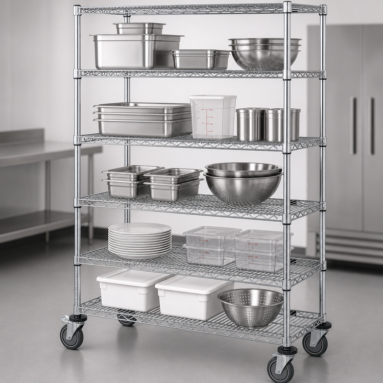Product image #3 for Quantum 48-Inch W x 18-Inch D x 80-Inch H Mobile Wire Shelving Cart, 5 Shelves, Chrome Plated Finish