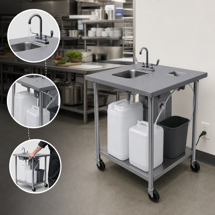 Product image #4 for Portable Self-Contained Hand Wash Sink with Open Base and Stainless Steel Undershelf, Hot & Cold Water
