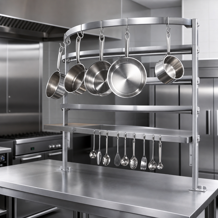 Product image #3 for Advance Tabco 96-Inch Table-Mounted Semi-Circular Stainless Steel Pot Rack with 18 Hooks and Utensil Rack