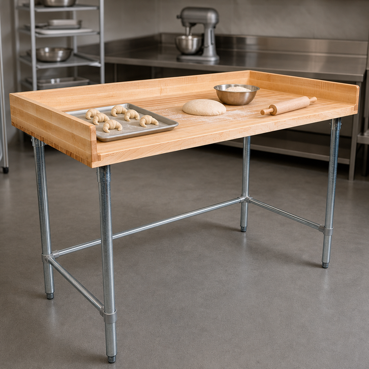 Product image #3 for BK Resources 96-Inch x 30-Inch Bakers Table with Galvanized Open Base and Hard Maple Top