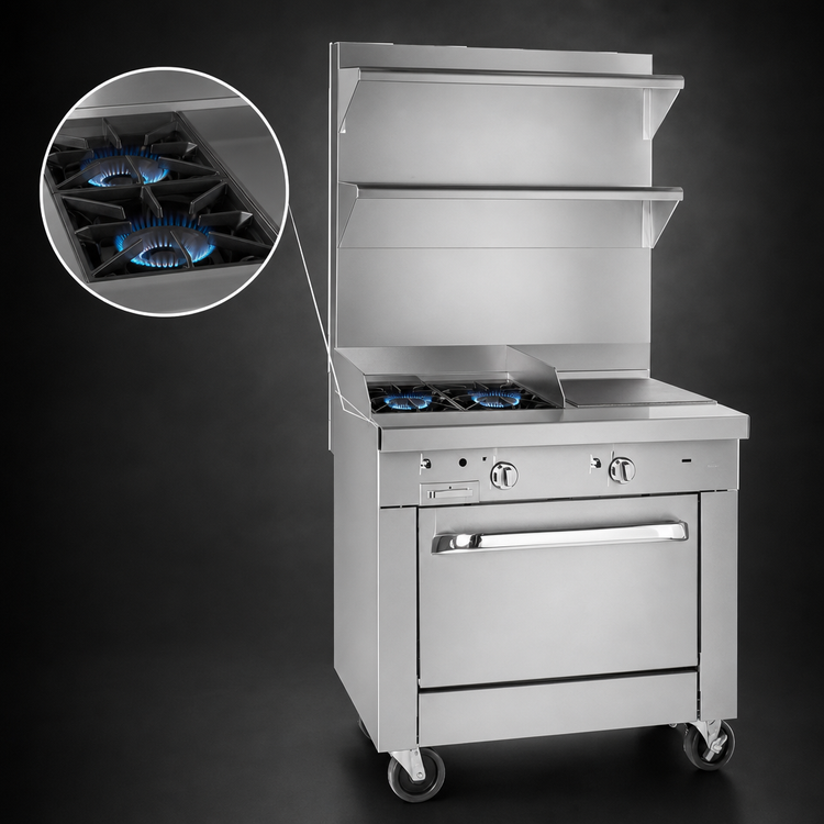 Product image #3 for Southbend Platinum Heavy Duty 32-Inch Gas Range with 2 Open Burners, 16-Inch Hot Top, and Cabinet Base