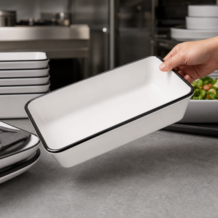 Product image #3 for Endurance Rectangular Melamine Serving Bowl, 64 oz., White with Black Rim