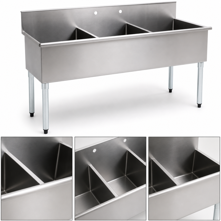 Product image #3 for Eagle Group Three-Compartment Utility Sink, 49-3/8 Inch Wide, 16-Gauge 430 Stainless Steel, No Drainboards