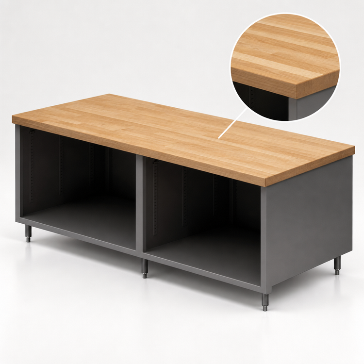 Product image #3 for BK Resources 96 Inch Hard Maple Top Chef Table with Open Front Stainless Steel Cabinet Base
