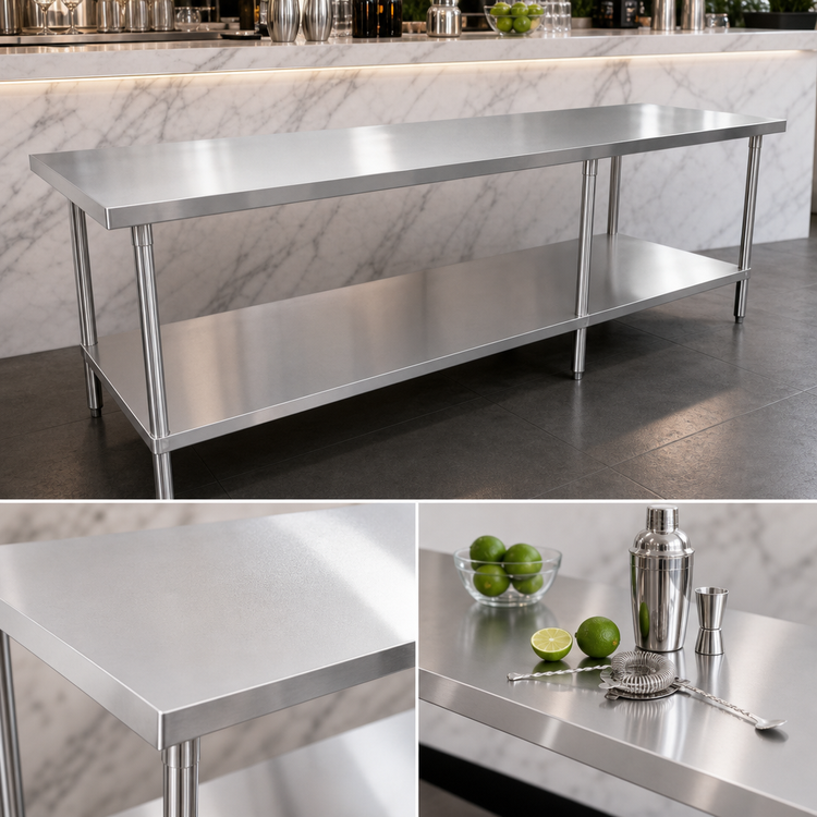 Product image #3 for Sapphire 108-Inch x 14-Inch Stainless Steel Flat Top Cocktail Station Worktable with Undershelf