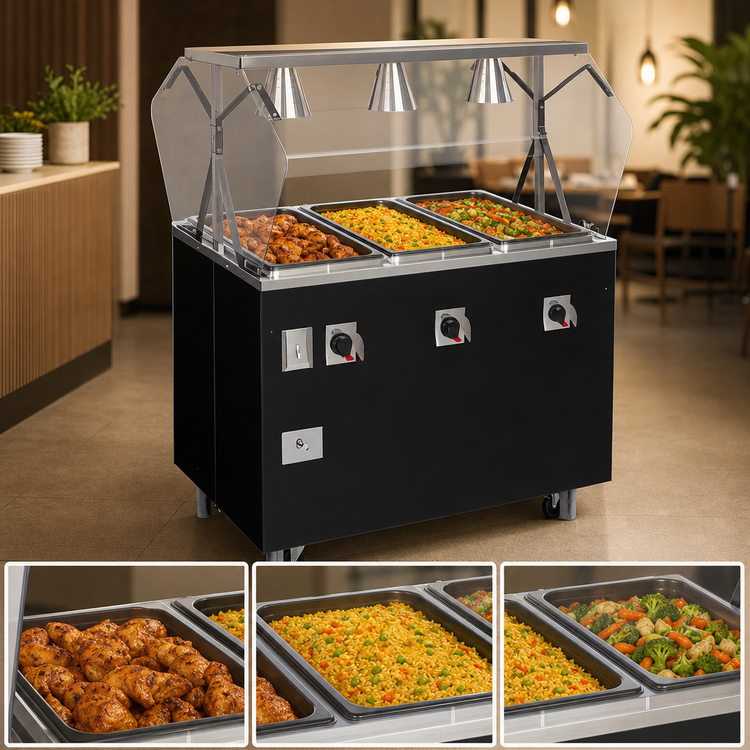 Product image #3 for Vollrath 2-Series Affordable Portable 3-Well Mobile Hot Food Station with Buffet Breath Guard and Enclosed Storage Base, Black, 208-240V