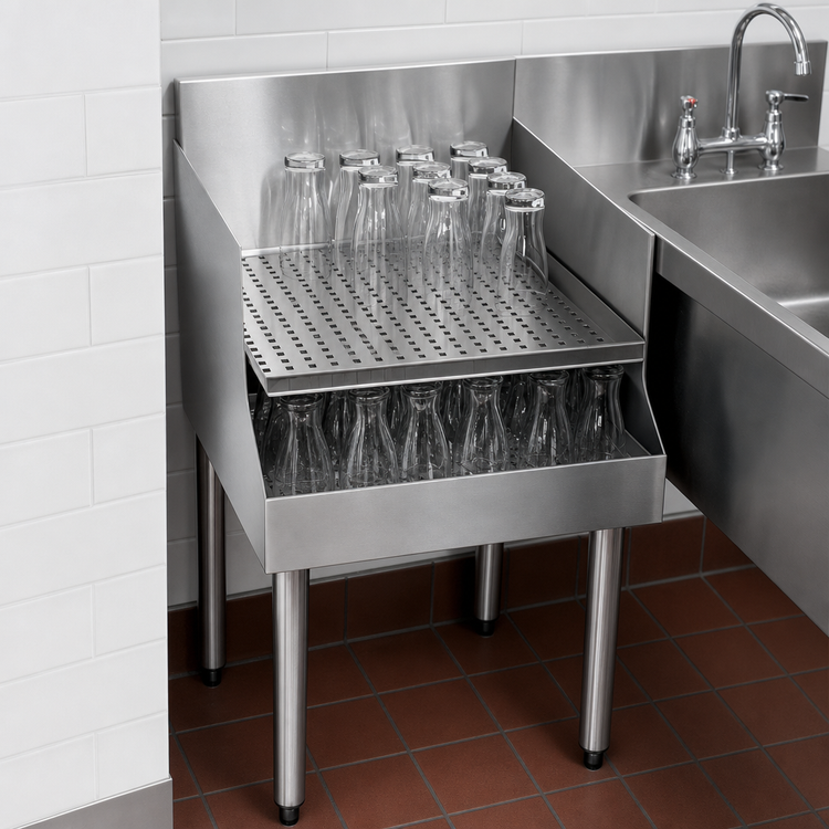Product image #3 for CHOICE Recessed Freestanding Corner Drainboard with Backsplash and Perforated Shelf, 12 x 24 Inches