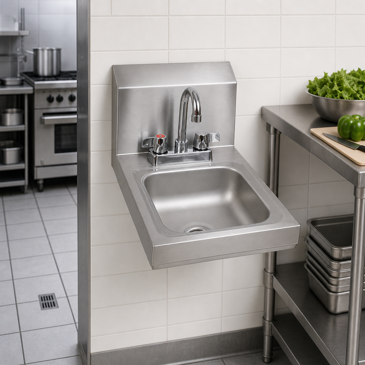 Product image #3 for BK Resources Wall-Mount Space Saver Hand Sink Package with Lead-Free 4" O.C. Deck Mount Faucet, 9" x 9" Bowl