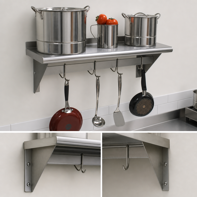 Product image #3 for Advance Tabco Wall-Mounted Stainless Steel Shelf with Pot Rack, 48 Inch W x 18 Inch D