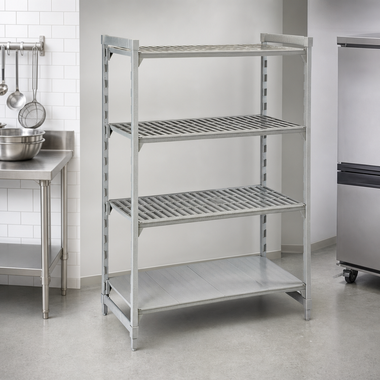 Product image #4 for Cambro Camshelving Premium Stationary Starter Unit, 4-Tier, 24 x 48 x 72 Inches, 3 Vented + 1 Solid Shelf Plates