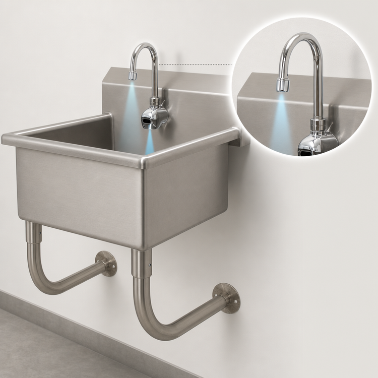 Product image #3 for Advance Tabco One-Station Wall-Mounted Stainless Steel Service Sink with Electronic Faucet, 27 x 21 Inch, 12-Inch Deep Bowl