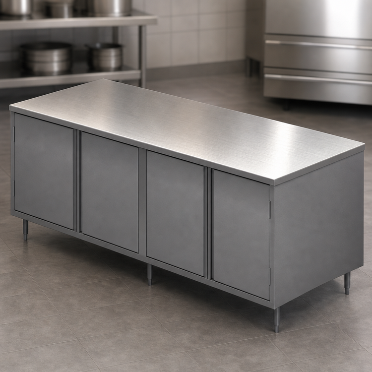 Product image #3 for BK Resources 96-Inch Stainless Steel Chef Table with Cabinet Base and Hinged Doors