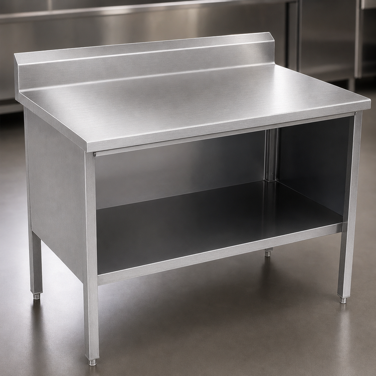 Product image #3 for John Boos Enclosed Base Open Front Work Table with Undershelf, 96 x 30 Inches, 14-Gauge 300-Series Stainless Steel Top, 5-Inch Backsplash